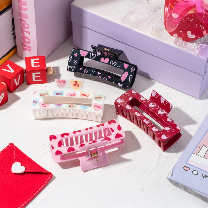 PANTIDE 4Pcs Valentine's Day Silicone Hair Claw Clips for Women Girls - Heart Flexible Large Bendable Candy Rectangle Nonslip Banana Hair Clip, Thin Thick Short Long Curly Accessories, Valentines Gift - Image 4