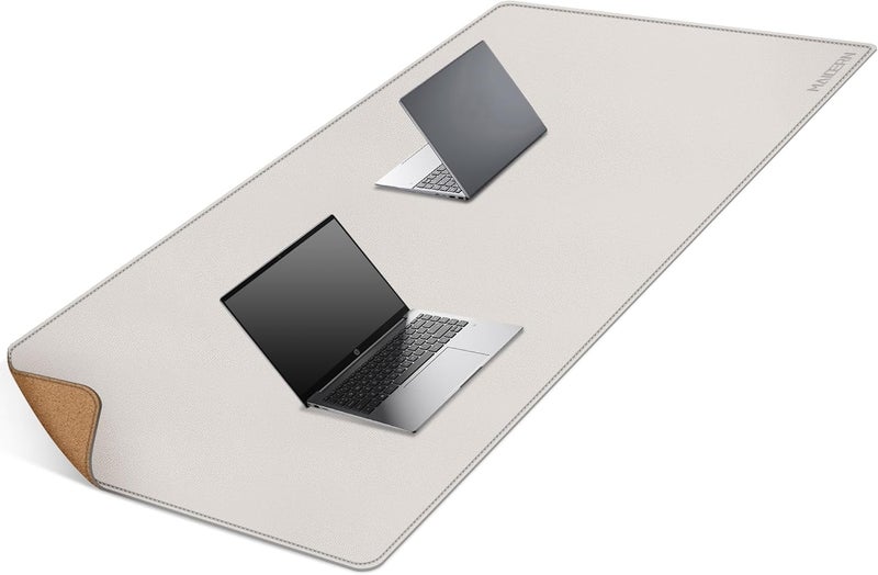MAIDERN مايدرن 63 × 31.5 بوصة حصيرة مكتب جلدية، حصيرة مكتب كبيرة، حصيرة ماوس كبيرة من الفلين والجلد للمكتب، حصيرة مكتب كمبيوتر مقاومة للماء للألعاب والمكتب المنزلي (كريمي) - Image 1