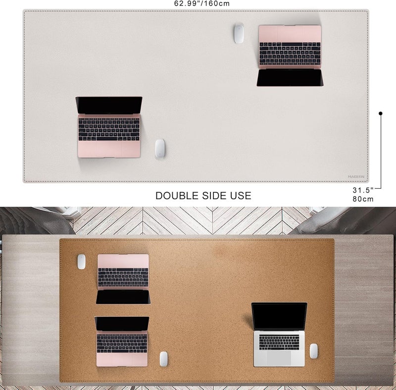 MAIDERN مايدرن 63 × 31.5 بوصة حصيرة مكتب جلدية، حصيرة مكتب كبيرة، حصيرة ماوس كبيرة من الفلين والجلد للمكتب، حصيرة مكتب كمبيوتر مقاومة للماء للألعاب والمكتب المنزلي (كريمي) - Image 2