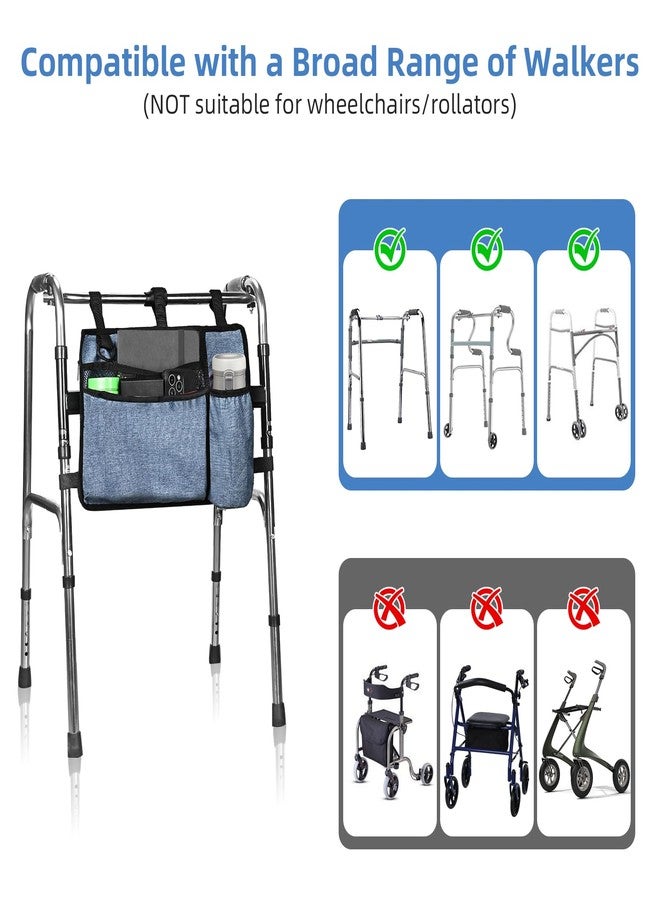 LQOQA Dark Blue Walker Storage Bag with Cup Holder - Foldable Water Resistant Large Capacity Basket, Armrest Accessories for Folding Walkers Rollators Seniors Elderly Handicap - Image 5