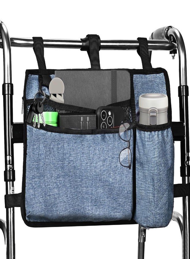 LQOQA Dark Blue Walker Storage Bag with Cup Holder - Foldable Water Resistant Large Capacity Basket, Armrest Accessories for Folding Walkers Rollators Seniors Elderly Handicap - Image 1