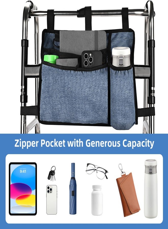 LQOQA Dark Blue Walker Storage Bag with Cup Holder - Foldable Water Resistant Large Capacity Basket, Armrest Accessories for Folding Walkers Rollators Seniors Elderly Handicap - Image 3