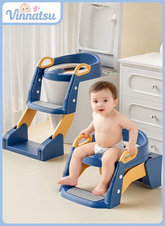 ضغط فين مقعد مرحاض للتدريب على استخدام المرحاض 3 في 1 مع سلم، تصميم قابل للتعديل والطي للأطفال الصغار من سن 1 إلى 8 سنوات، مقعد مرحاض للأطفال مع وعاء قابل للإزالة، وسائد مضادة للانزلاق وواقي من الرذاذ للأولاد والبنات (أزرق وأصفر) - Image 1