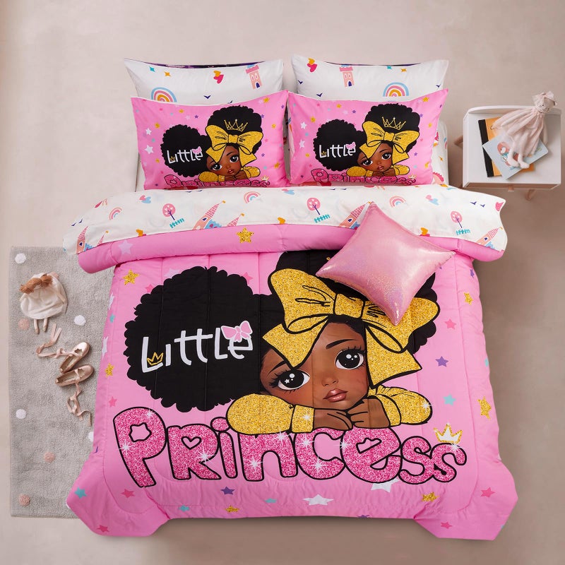 A Nice Night Black Girl Little Princess Comforter Set, Pink 6Pcs Bed in A Bag Full Size Sparkling Stars Bedding Set,for Kids, Girls - Image 1