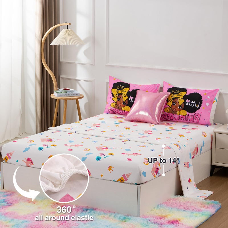 A Nice Night Black Girl Little Princess Comforter Set, Pink 6Pcs Bed in A Bag Full Size Sparkling Stars Bedding Set,for Kids, Girls - Image 3