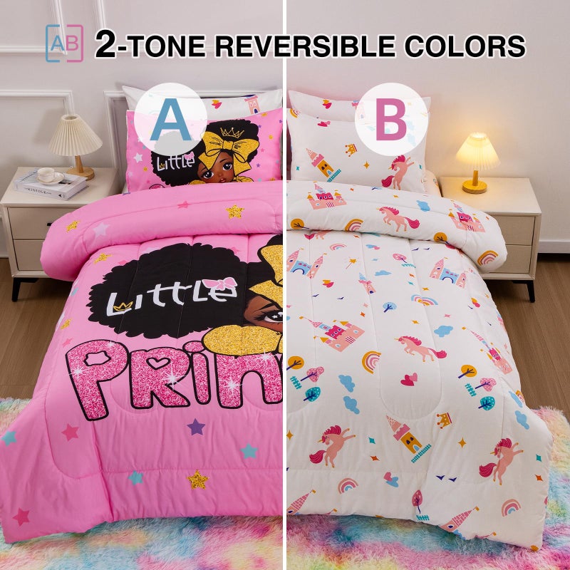 A Nice Night Black Girl Little Princess Comforter Set, Pink 6Pcs Bed in A Bag Full Size Sparkling Stars Bedding Set,for Kids, Girls - Image 2