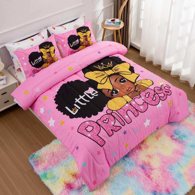 A Nice Night Black Girl Little Princess Comforter Set, Pink 6Pcs Bed in A Bag Full Size Sparkling Stars Bedding Set,for Kids, Girls - Image 4