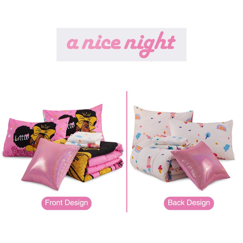 A Nice Night Black Girl Little Princess Comforter Set, Pink 6Pcs Bed in A Bag Full Size Sparkling Stars Bedding Set,for Kids, Girls - Image 5