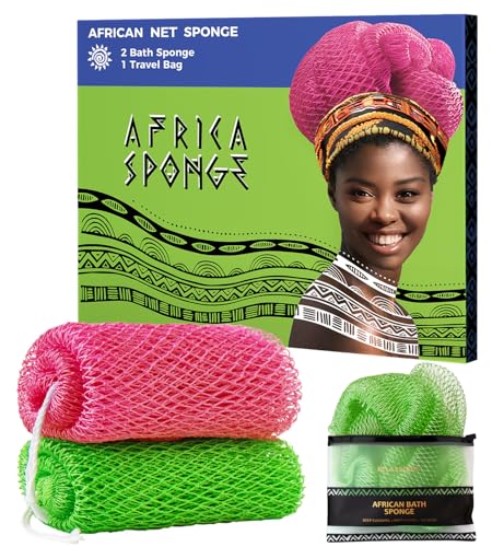 RelaxScene African Net Sponge Authentic - 2 Pieces Exfoliating Body Scrubber Bath Sponge Camellia&Green- Back Scrubber Washcloth for Shower - Real African Scrub Exfoliator Body Care Bathing Accessorie - Image 1