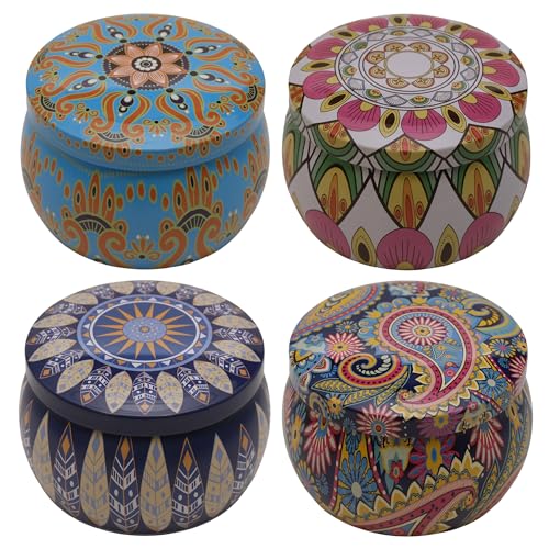 STORE 2508 4Pcs Mandala Design Metal Tin Jar 4oz Empty Candle Jar Containers Storage Box for Candle Making DIY Art & Craft Multicolour - Image 1