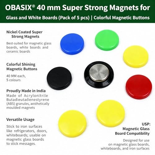 OBASIX® 40 mm Super Strong Magnets for Magnetic Glass and White Boards (Pack of 5 pcs) | Colorful Magnetic Buttons - Image 4