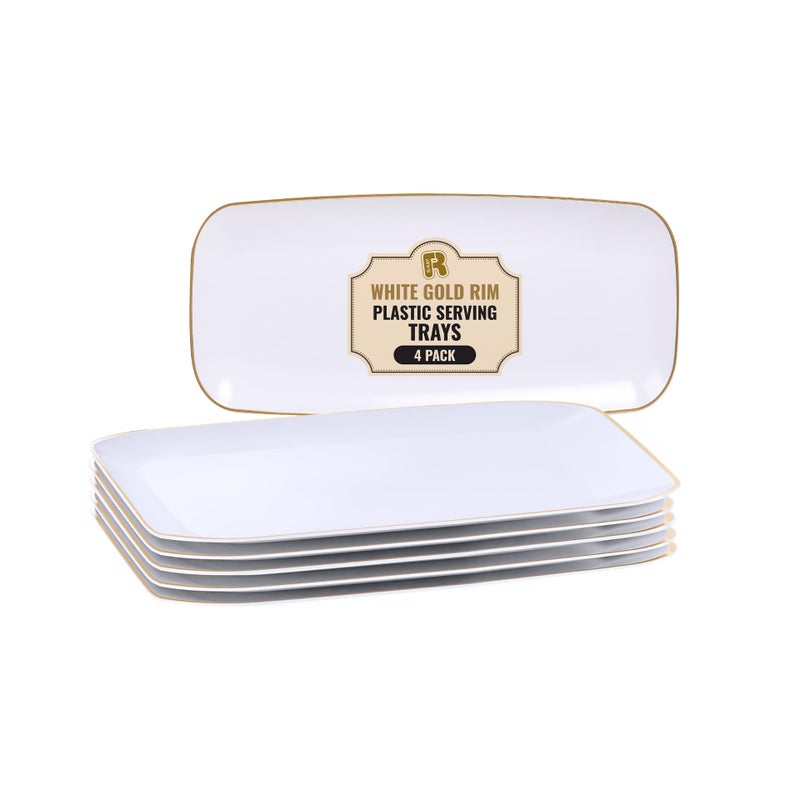R-kay 4 Pack Gold Rim Plastic Serving Trays - 10 by 5.5 in Heavy Duty Rectangular Platters for Food and Desserts - Premium White Party Trays - Image 1