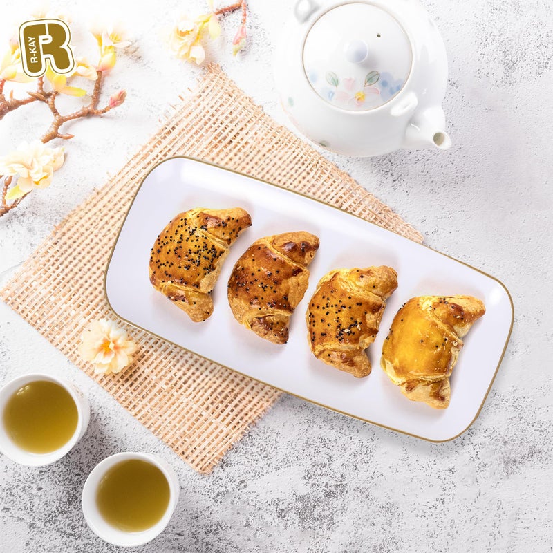 R-kay 4 Pack Gold Rim Plastic Serving Trays - 10 by 5.5 in Heavy Duty Rectangular Platters for Food and Desserts - Premium White Party Trays - Image 2