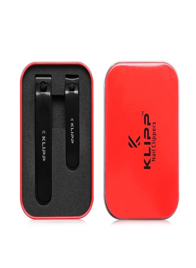 KLIPP Nail Clippers for Men & Women - Ultra Sharp Stainless Steel Fingernail Clipper & Toenail Clippers with Curved & Straight Blades Toe Professional Nail Cutter Kit with Tin Case for Travel (Black) - Image 1