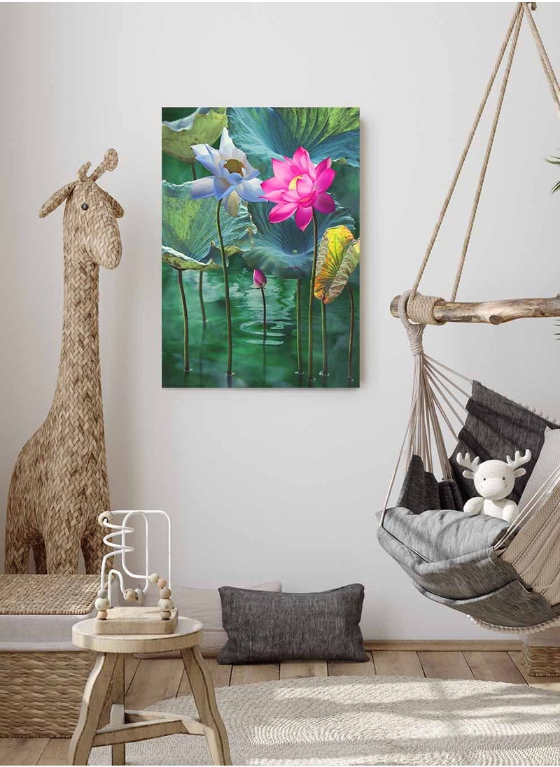 LOWHA Framed Canvas Wall Art Stretched Over Wooden Frame, Lotus In Lake Painting, For Home, Living Room, Office Decor  - Image 1