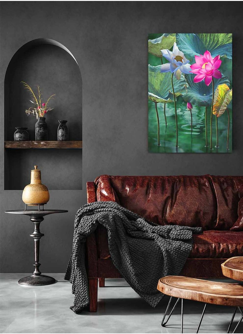 LOWHA Framed Canvas Wall Art Stretched Over Wooden Frame, Lotus In Lake Painting, For Home, Living Room, Office Decor  - Image 3