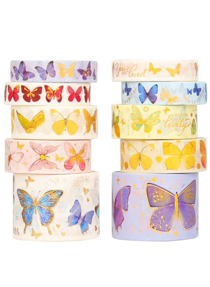 KASTWAVE Colorful Butterfly Washi Tape, Gold Foil Washi Art 5 Sizes Decorative Scrapbook DIY Decor and Craft Gift Wrap for Bullet Journal, Scrapbook, Kids DIY Crafts (10 Rolls) - Image 1