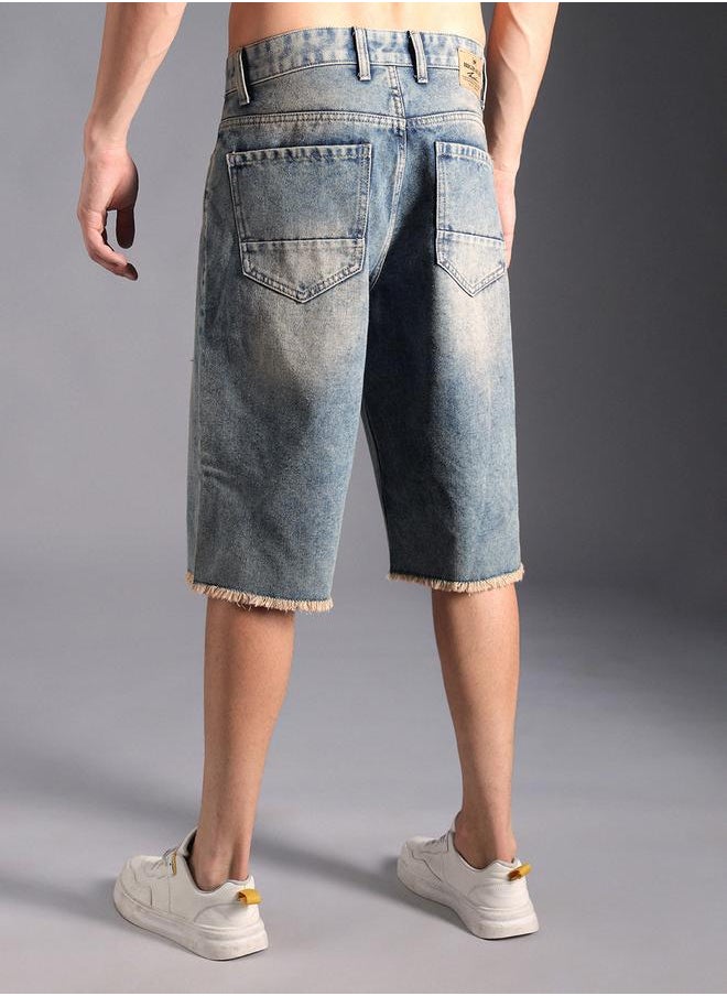 HIGH STAR Men's Indigo 100% Cotton Solid Knee Length Denim Bermuda Regular Fit Shorts  - Image 5
