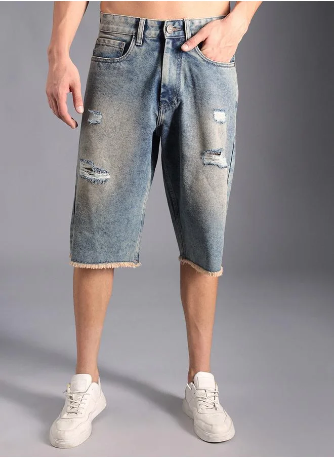 HIGH STAR Men's Indigo 100% Cotton Solid Knee Length Denim Bermuda Regular Fit Shorts
