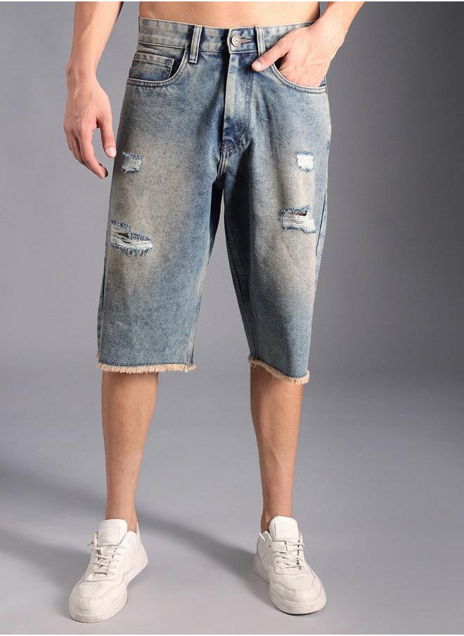 HIGH STAR Men's Indigo 100% Cotton Solid Knee Length Denim Bermuda Regular Fit Shorts  - Image 2