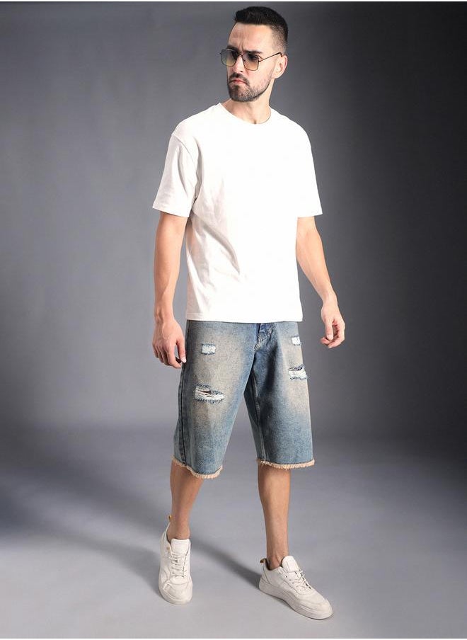 HIGH STAR Men's Indigo 100% Cotton Solid Knee Length Denim Bermuda Regular Fit Shorts  - Image 1