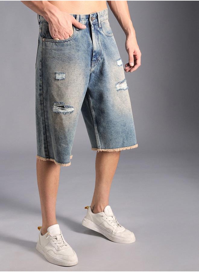 HIGH STAR Men's Indigo 100% Cotton Solid Knee Length Denim Bermuda Regular Fit Shorts  - Image 3