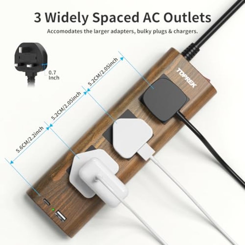 Wood Grain 3 Way Extension Lead with USB Slots, Surge Protection, ON/OFF Switch, 13A/3250W, Extension Cable 2M for Home Kitchen Office - Image 5