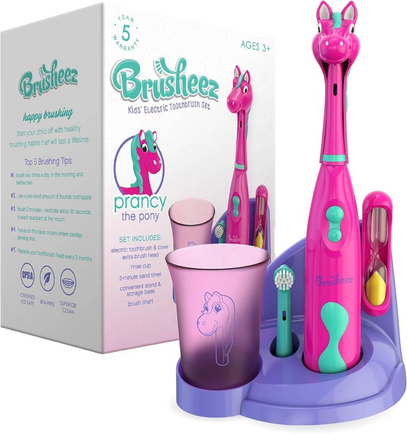 Brusheez مجموعة فرشاة أسنان كهربائية للأطفال - آمنة وفعالة للأعمار 3+ - تم اختبارها والموافقة عليها من قبل الآباء مع شعيرات لطيفة، رأسين للفرشاة، كوب شطف، مؤقت لمدة دقيقتين، وقاعدة تخزين (بوني الهراء) - Image 1