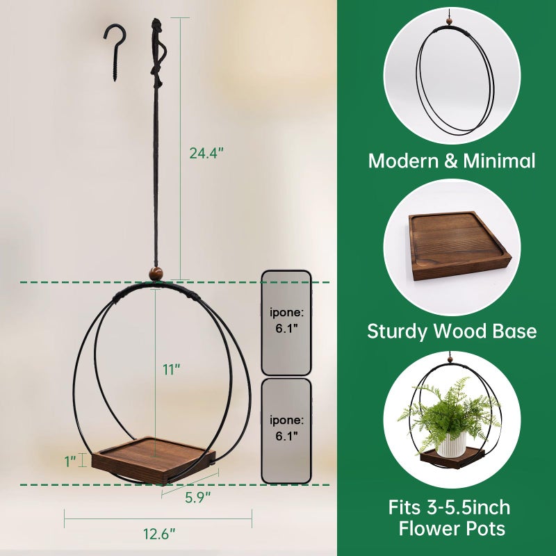 hismocal Hanging Planter for Indoor Plants, Black Plant Hanger Indoor with Sturdy Wood Base, Modern Boho Macrame Plant Hanger for 3-5.5 Inch Pot, Hanging Wall Ceiling Window Home Decor (Pots Not Included) - Image 4