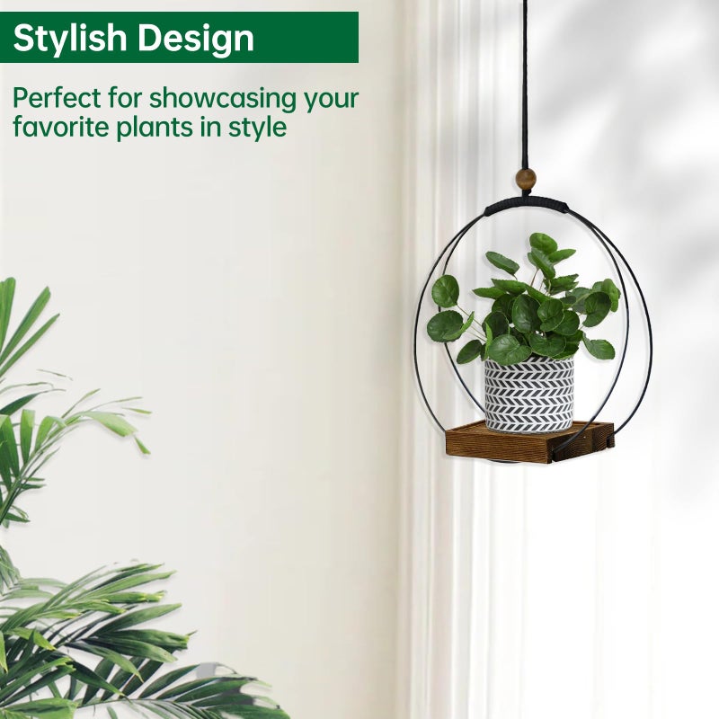 hismocal Hanging Planter for Indoor Plants, Black Plant Hanger Indoor with Sturdy Wood Base, Modern Boho Macrame Plant Hanger for 3-5.5 Inch Pot, Hanging Wall Ceiling Window Home Decor (Pots Not Included) - Image 5