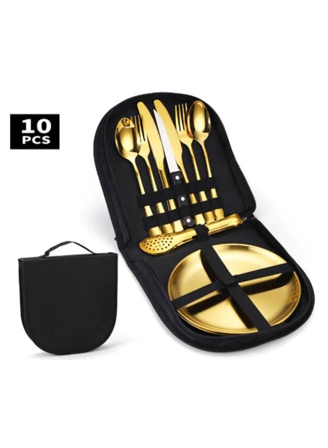 Generic Outdoor Picnic Tableware, Camping Dinnerware Set with Spoon Fork Knife, 9 Piece Silverware Set With Organizer, Portable Stainless Steel Flatware Set - Image 1