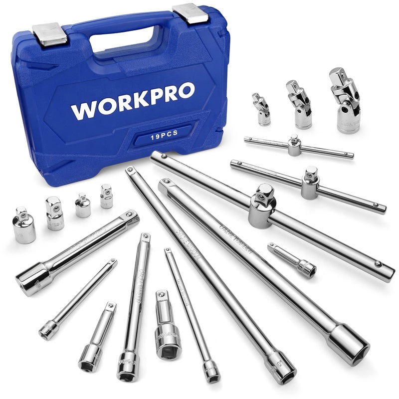 WORKPRO 19-Piece Drive Tool Accessory Set, Includes Socket Adapters, Extensions Set, Universal Joints and Sliding Bar T-handle Wrench, 1/4" 3/8” & 1/2” Drive, Chrome Vanadium Steel with Mirror Finish - Image 1