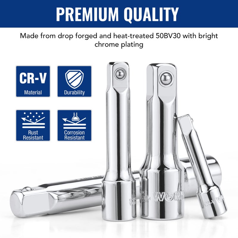 WORKPRO 19-Piece Drive Tool Accessory Set, Includes Socket Adapters, Extensions Set, Universal Joints and Sliding Bar T-handle Wrench, 1/4" 3/8” & 1/2” Drive, Chrome Vanadium Steel with Mirror Finish - Image 4