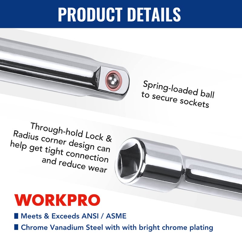 WORKPRO 19-Piece Drive Tool Accessory Set, Includes Socket Adapters, Extensions Set, Universal Joints and Sliding Bar T-handle Wrench, 1/4" 3/8” & 1/2” Drive, Chrome Vanadium Steel with Mirror Finish - Image 5
