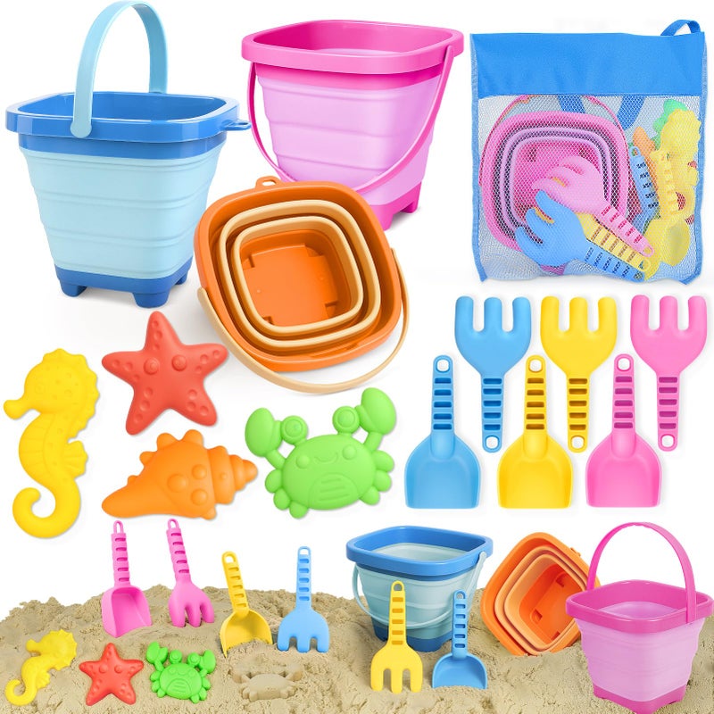 Dreamon Beach Toys for Kids 310 Collapsible Sand Castle Toys for Beach Include 3 Pack Foldable Buckets Shovels Molds and Storage Mesh Bag Sandbox Travel Toy for Toddlers Kids - Image 2