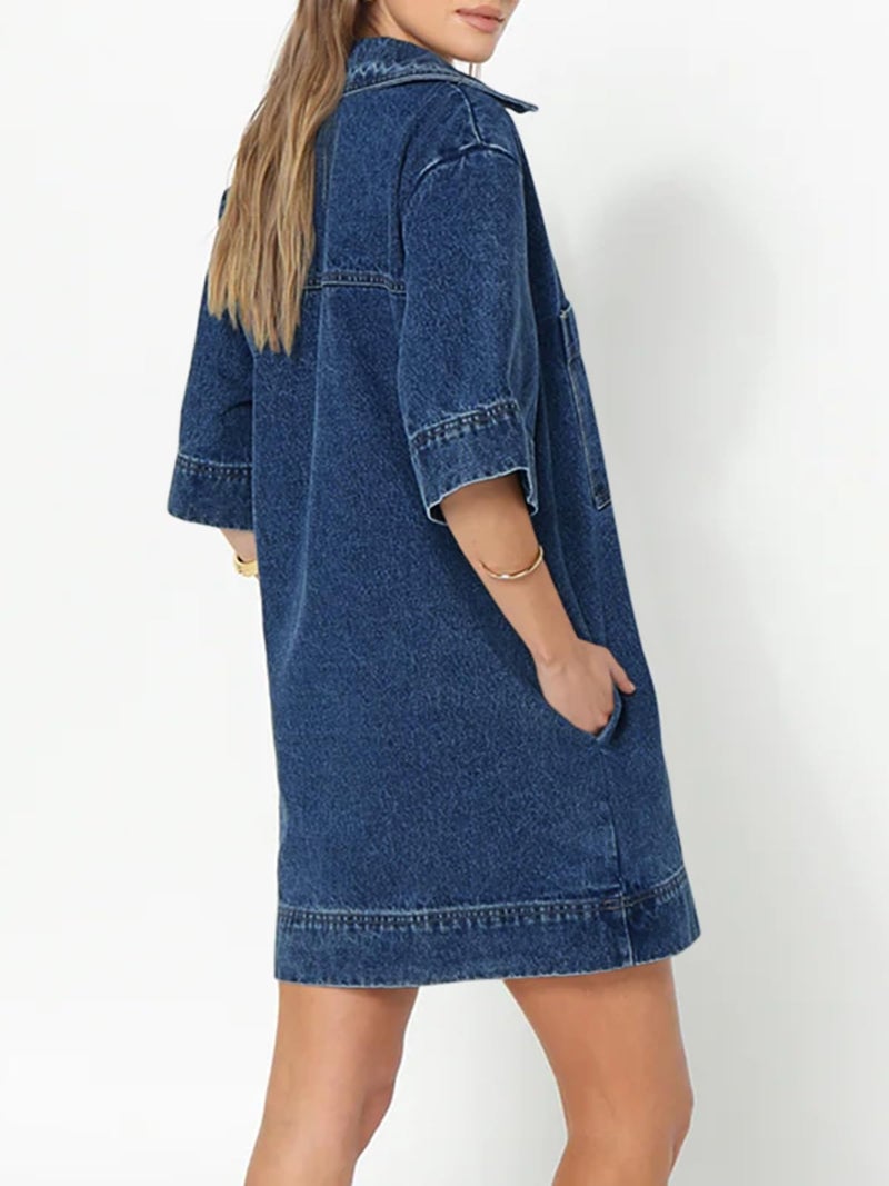 Fisoew Womens Denim Shirt Dress Summer Collared V Neck Mini Casual Jean Dresses with Pockets Blue - Image 3