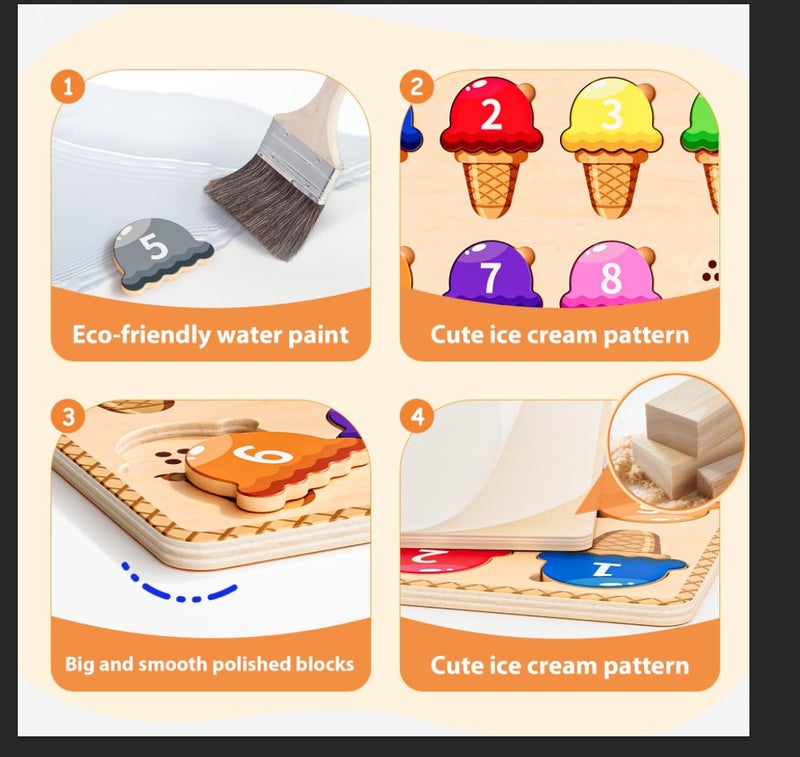 zhiwuzhu Wooden Puzzles for Toddlers,Montessori Toys,Preschool Learning Activities,Peg Puzzle with Ice Cream Shape and Color Number Matching Educational Toys - Image 3