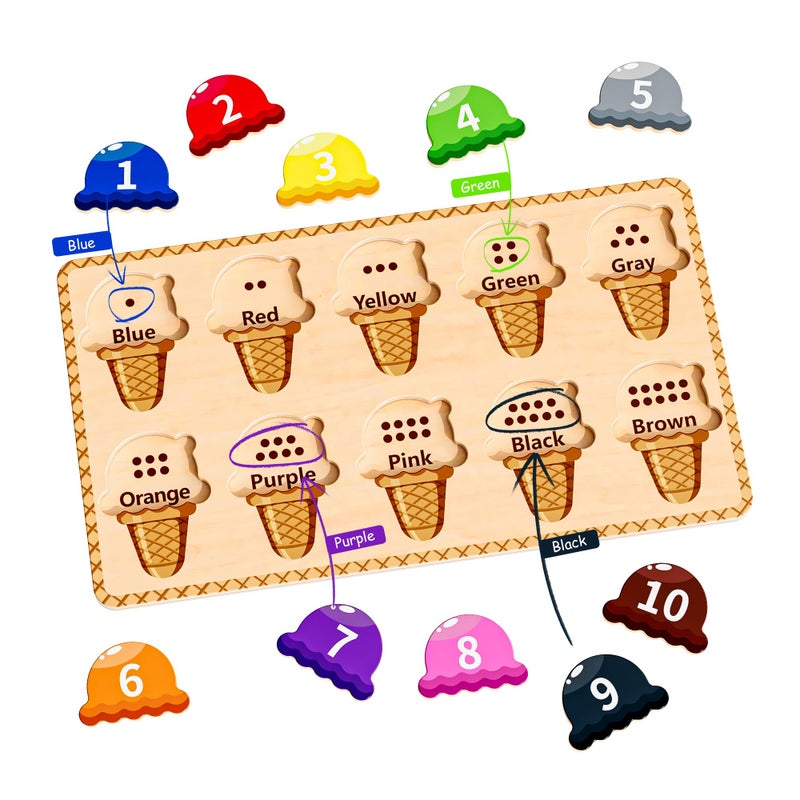 zhiwuzhu Wooden Puzzles for Toddlers,Montessori Toys,Preschool Learning Activities,Peg Puzzle with Ice Cream Shape and Color Number Matching Educational Toys - Image 2
