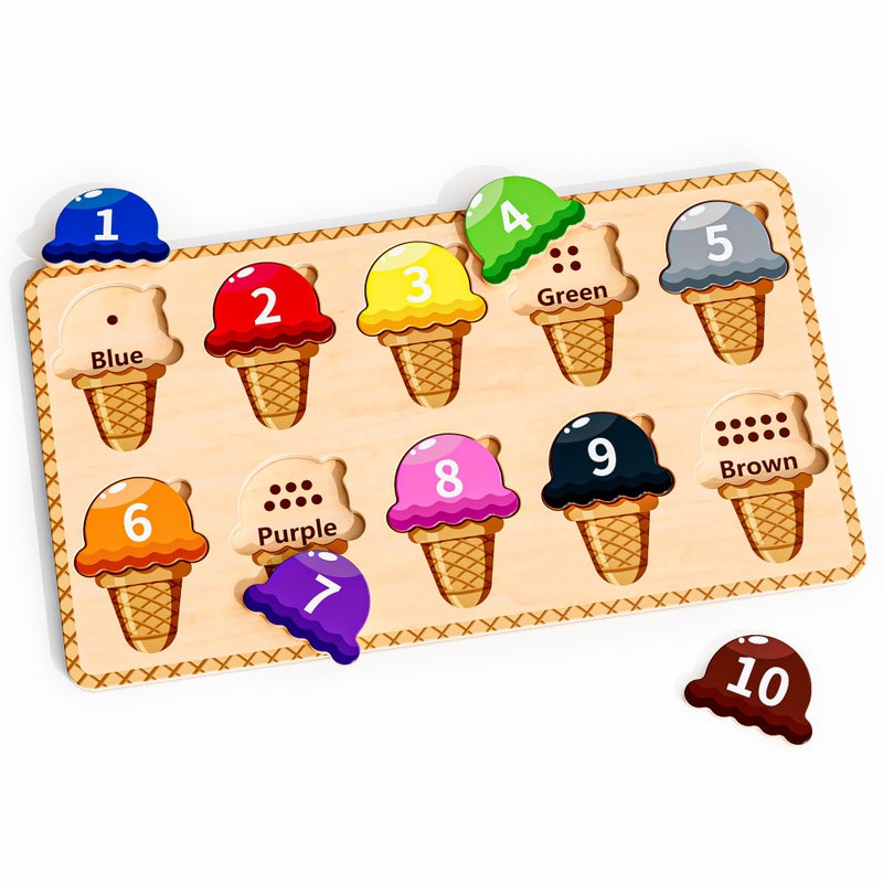 zhiwuzhu Wooden Puzzles for Toddlers,Montessori Toys,Preschool Learning Activities,Peg Puzzle with Ice Cream Shape and Color Number Matching Educational Toys - Image 1