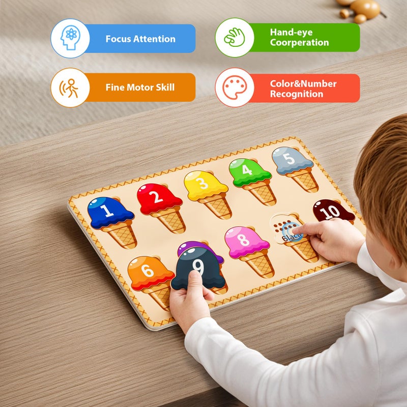 zhiwuzhu Wooden Puzzles for Toddlers,Montessori Toys,Preschool Learning Activities,Peg Puzzle with Ice Cream Shape and Color Number Matching Educational Toys - Image 4