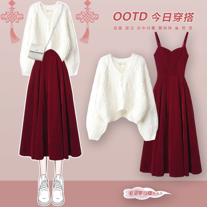 Winter suit Womens 2025 New New Year Wear Knitted Sweater Womens Slimming All-match Red dress Two-piece Set Red dress single piece