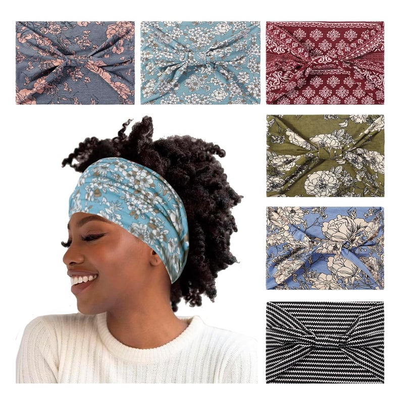 Artilady Boho Headbands for WomenExtra Wide Headband Non Slip Floral Print Head Wrap for Black Womens Hair Soft Elastic Yoga Workout Exercise Bohemian Hair Accessories 6 PCS