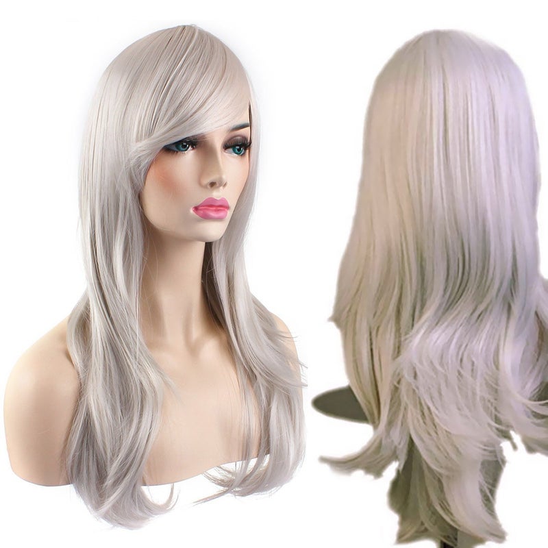Akstore 28 inch Fashion Wigs Long Wavy Curly Hair Cosplay Wig Light Grey