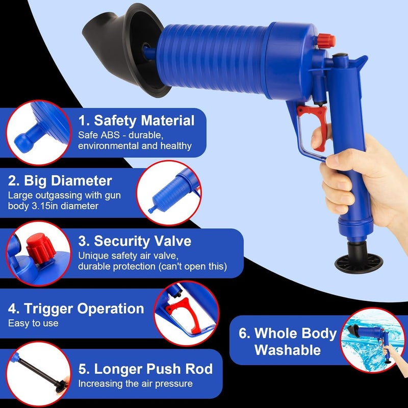 VPGS VPGS Drain Unblocker, 4 in 1 Sink Opener Cleaner Pump Dredge Tool, High Pressure Drain Blaster Plunger Gun with 4 Replaceable Unclogger Heads, for Toilet for Kitchen Bathrooms  - Image 2