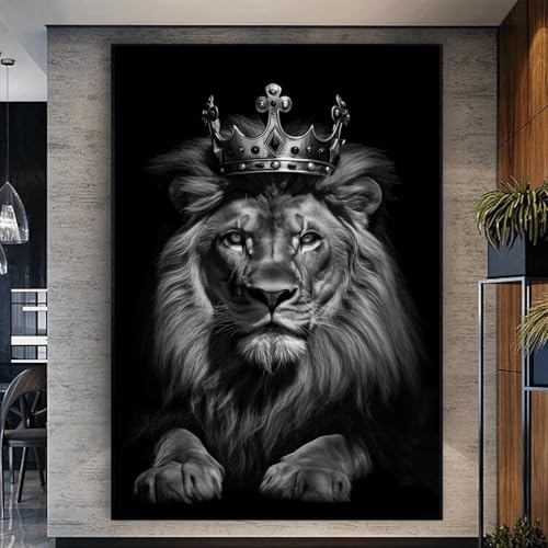 Wallvelart Lion Canvas Wall Art Black And White Animal Pictures Lion With Crown Wall Art Abstract Wildlife Print Painting Lions Poster Black And White Wildlife Wall Canvas Wild Animal Artwork 16x24inch No Frame - Image 1
