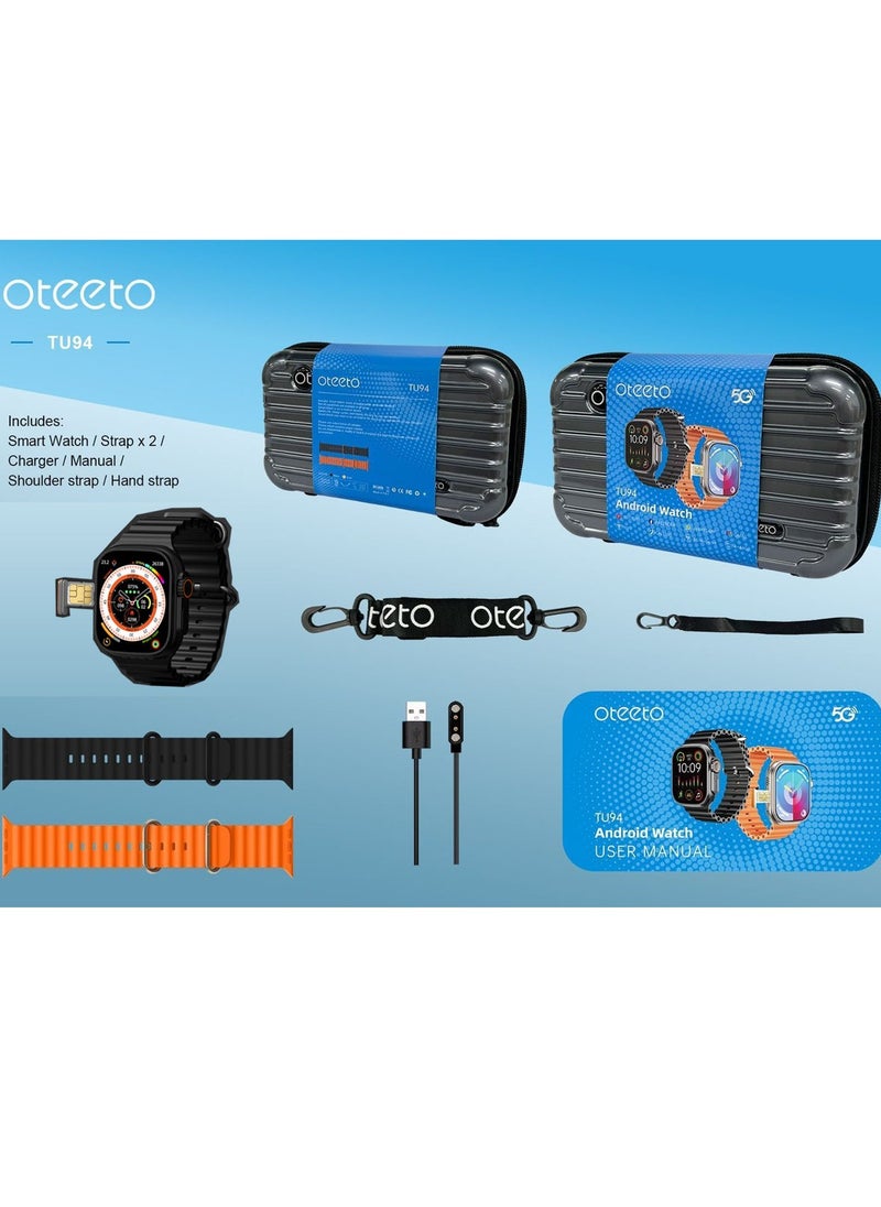 Oteeto - Oteeto TU94 2.2 Inch Full Screen Display 5G Android Smart Watch With Sim Slot 2 Pair Straps and Support Multiple Applications Designed for Ladies and Gents Black - Image 1