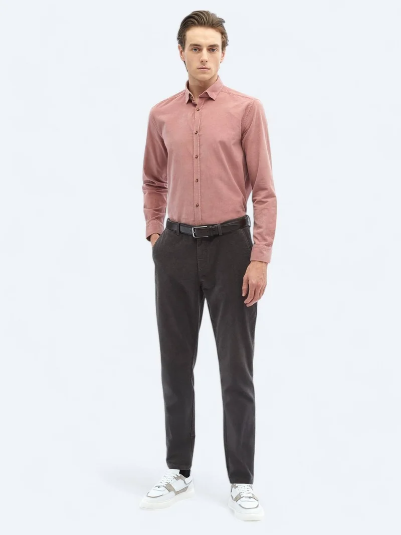 Kip Pink Ribbed Regular Fit Long Weaving Casual 100% Cotton Shirt