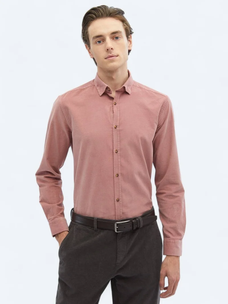 Kip Pink Ribbed Regular Fit Long Weaving Casual 100% Cotton Shirt