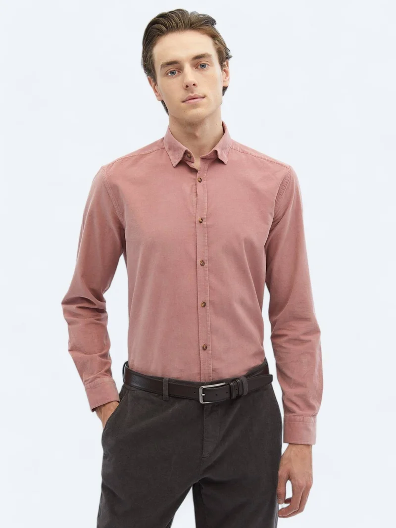 Kip Pink Ribbed Regular Fit Long Weaving Casual 100% Cotton Shirt