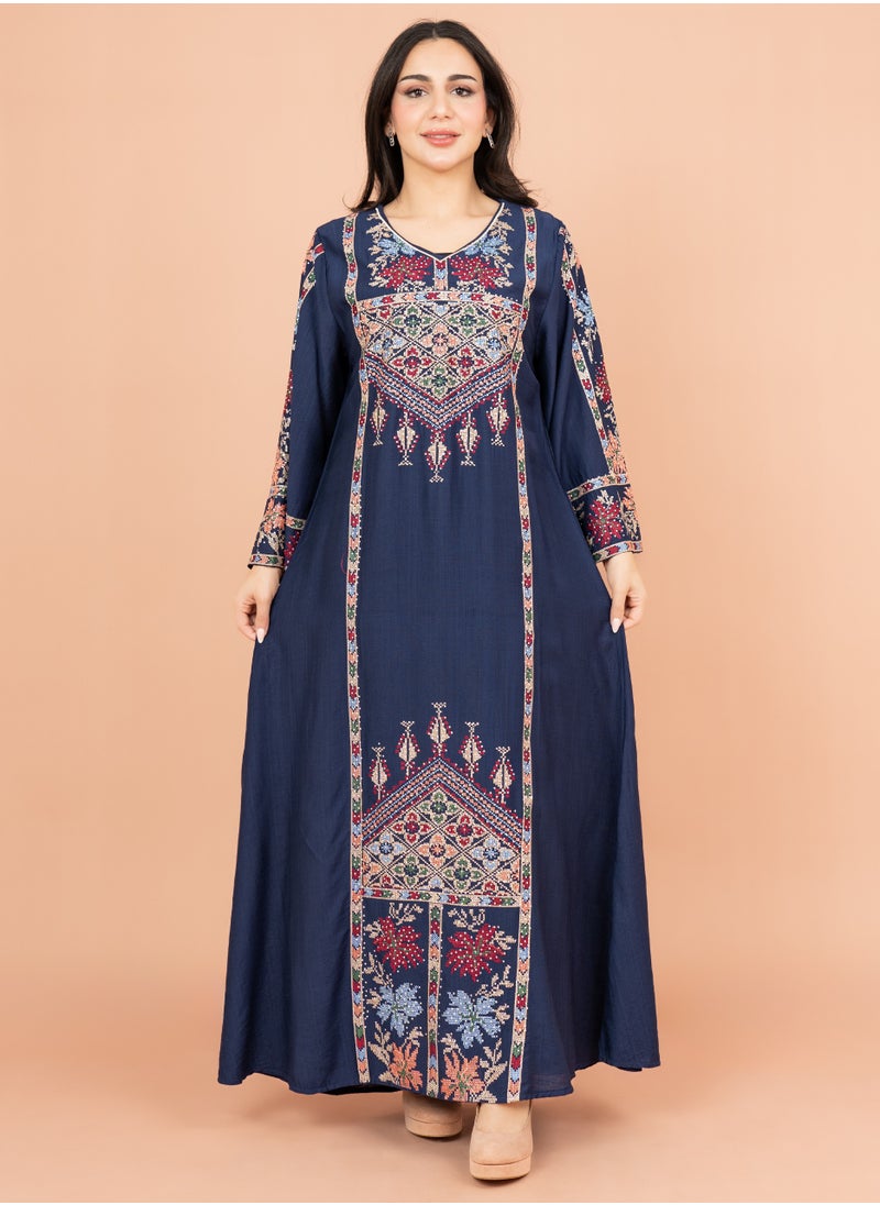 IKKXA Exquisite Embroidered Jalabiya with Delicate Details IK4008 Blue  - Image 1